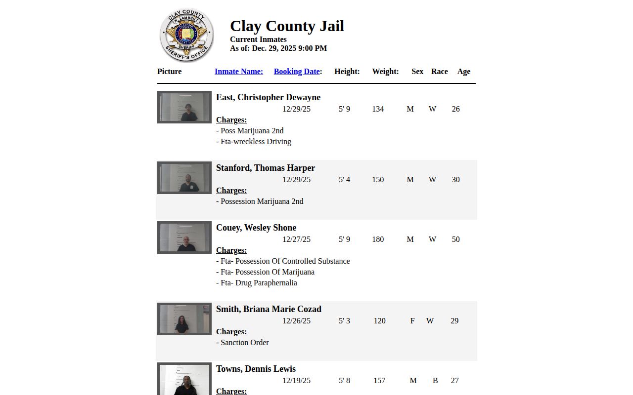 Captured legacy Clay County inmate roster interface with current-source concerns