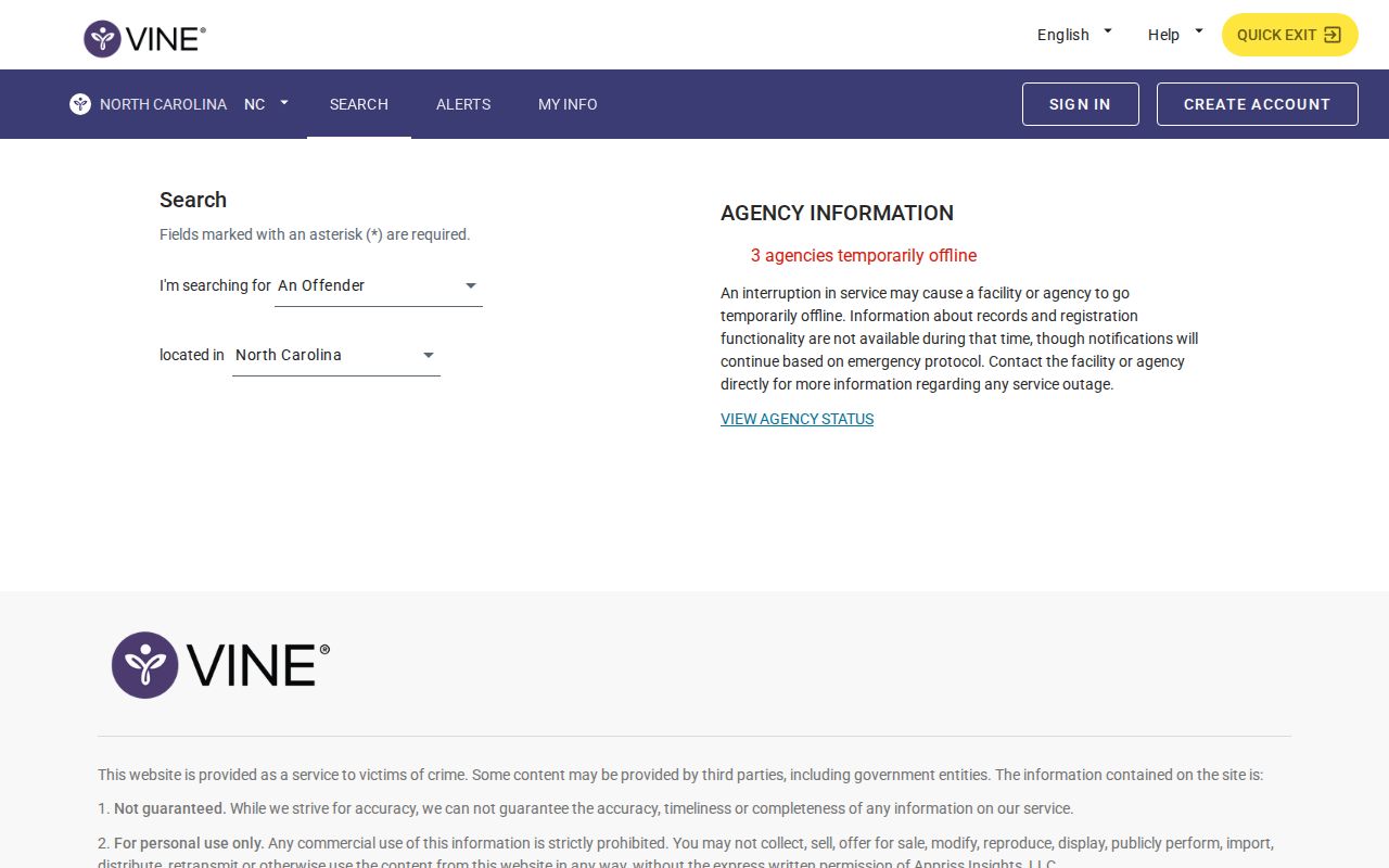 VINELink North Carolina person custody search screen