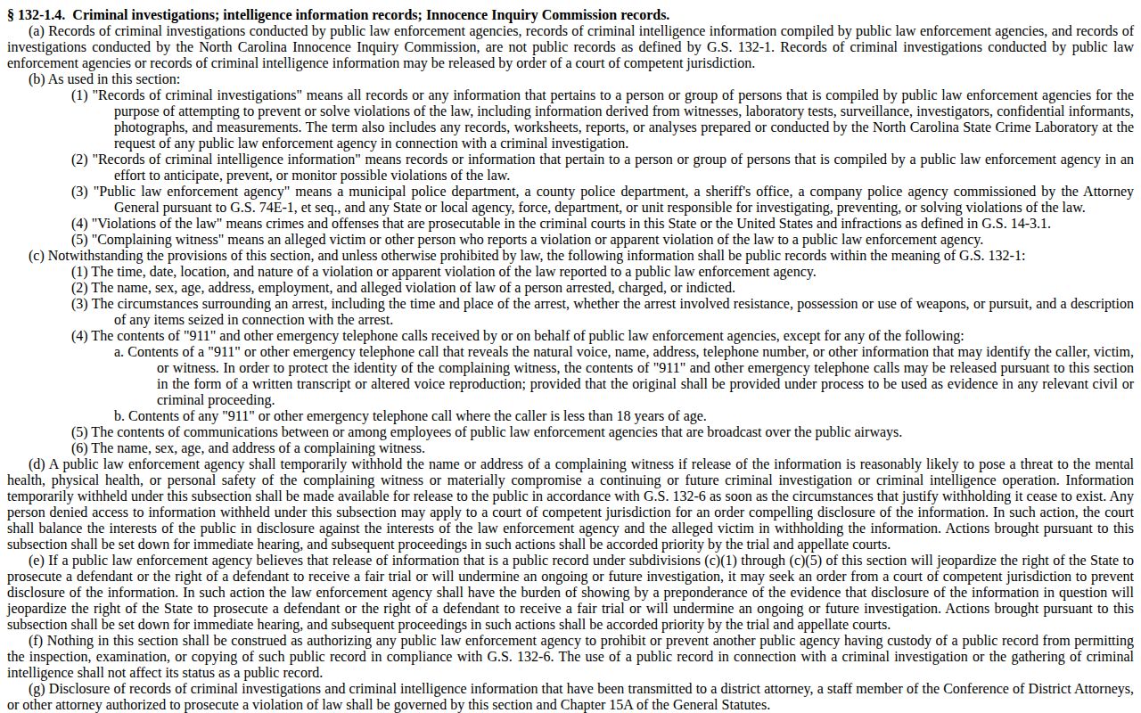 North Carolina law-enforcement records statute page covering warrant access
