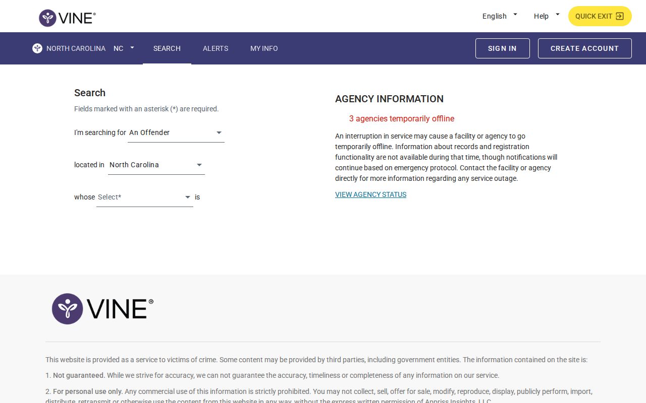 VINELink North Carolina login and notification management screen