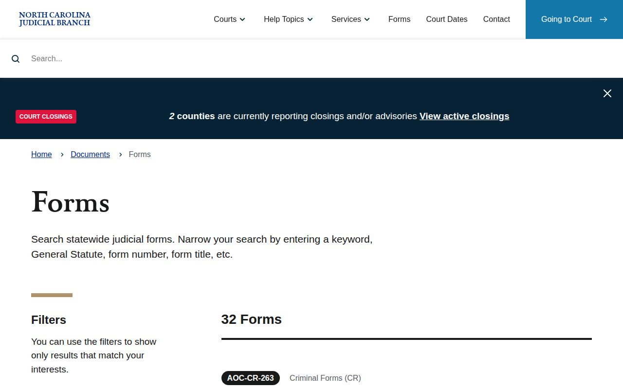 North Carolina Judicial Branch expunction forms search page